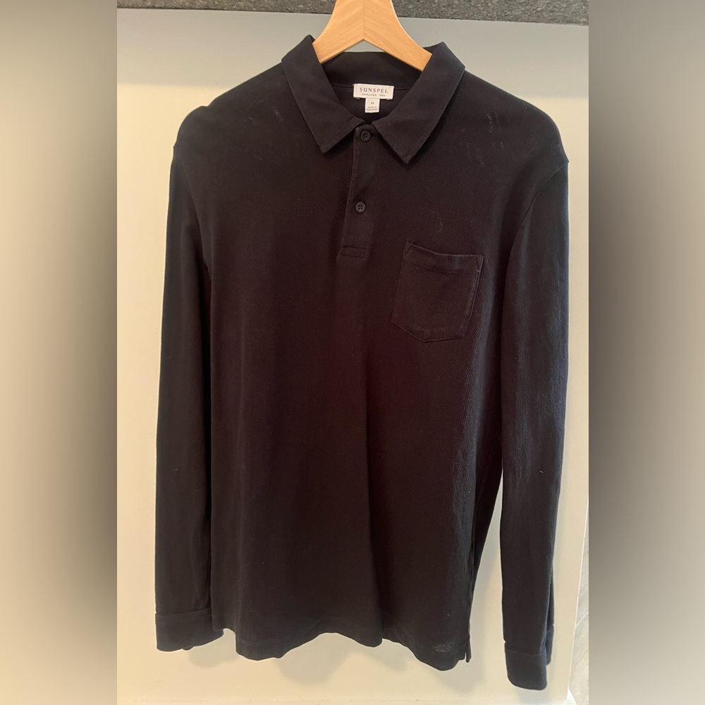 Sunspel Men's Black Long Sleeve Riviera Polo